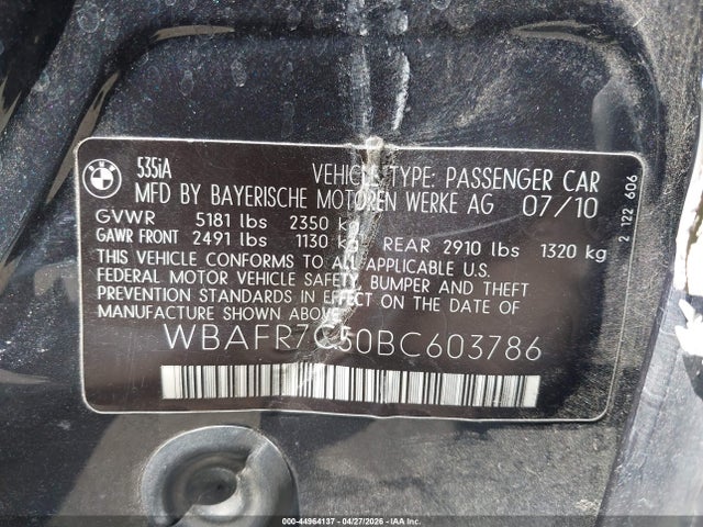 2011 Bmw 535i მანქანა იყიდება აუქციონზე, vin: WBAFR7C50BC603786, აუქციონის ნომერი: 44964137