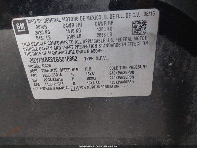 3GYFNBE32GS518862 Cadillac Srx Luxury Collection