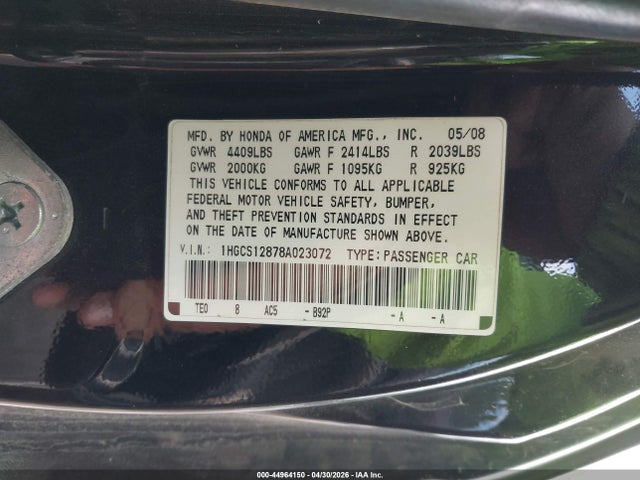 Aukcja sprzedaży 2008 Honda Accord 2.4 Ex-l, vin: 1HGCS12878A023072, numer aukcji: 44964150