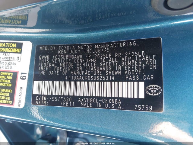 Продаж на аукціоні авто 2025 Toyota Camry Le, vin: 4T1DAACK0SU625314, номер лоту: 44964152