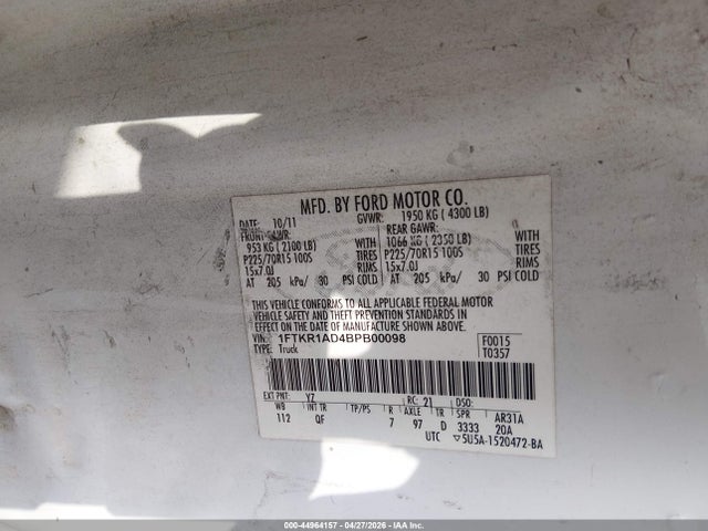 44964157 :رقم المزاد ، 1FTKR1AD4BPB00098 vin ، 2011 Ford Ranger Xl مزاد بيع