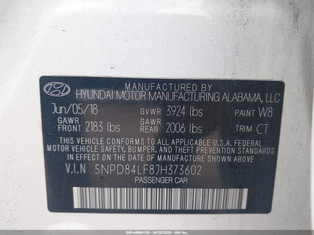 44964158 :رقم المزاد ، 5NPD84LF8JH373602 vin ، 2018 Hyundai Elantra Sel مزاد بيع