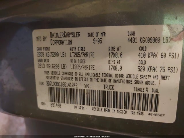 Продажа на аукционе авто 2006 Dodge Ram 3500 Slt, vin: 3D7LX39C16G141242, номер лота: 44964170