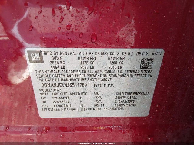Продаж на аукціоні авто 2018 Chevrolet Equinox Lt, vin: 3GNAXJEV4JS511769, номер лоту: 44964181