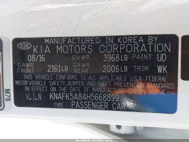 KNAFK5A84H5668899 KIA FORTE LX