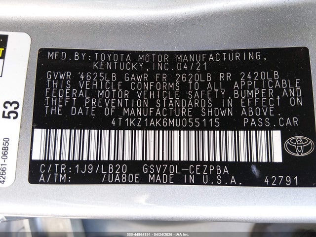 Продаж на аукціоні авто 2021 Toyota Camry Xse V6, vin: 4T1KZ1AK6MU055115, номер лоту: 44964191