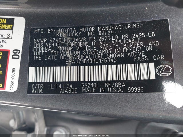 Продаж на аукціоні авто 2024 Lexus Es 350 F Sport Handling, vin: 58AJZ1B18RU176343, номер лоту: 44964194