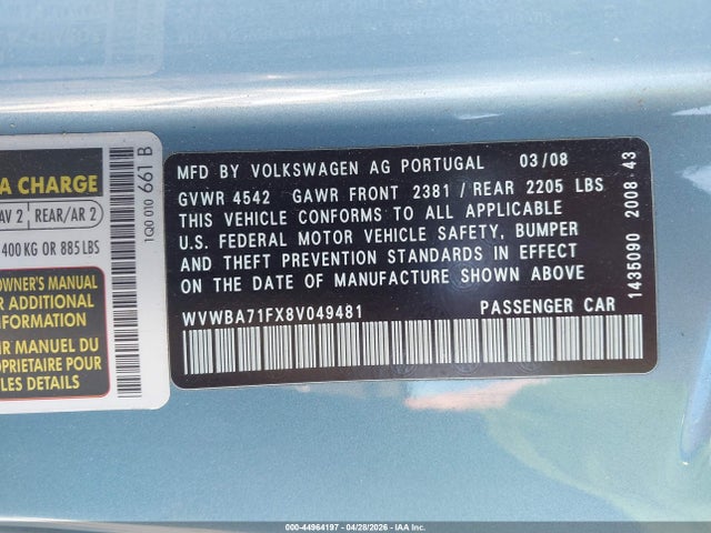 2008 Volkswagen Eos Komfort მანქანა იყიდება აუქციონზე, vin: WVWBA71FX8V049481, აუქციონის ნომერი: 44964197