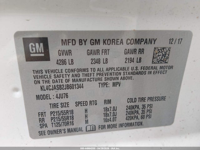 44964205 :رقم المزاد ، KL4CJASB2JB601344 vin ، 2018 Buick Encore Preferred مزاد بيع
