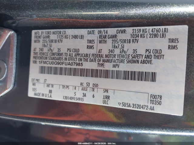 Aukcja sprzedaży 2015 Ford Escape Se, vin: 1FMCU0G90FUA07985, numer aukcji: 44964211