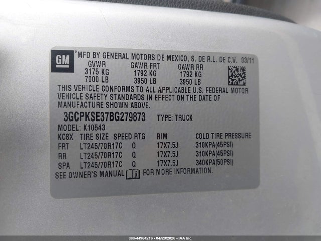 2011 Chevrolet Silverado 1500 Lt მანქანა იყიდება აუქციონზე, vin: 3GCPKSE37BG279873, აუქციონის ნომერი: 44964216