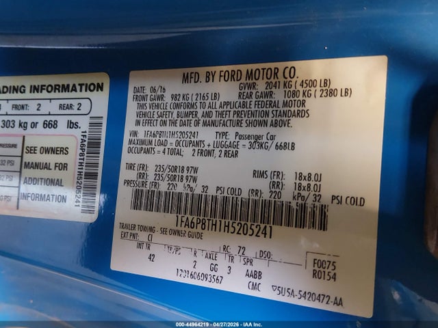 44964219 :رقم المزاد ، 1FA6P8TH1H5205241 vin ، 2017 Ford Mustang Ecoboost مزاد بيع
