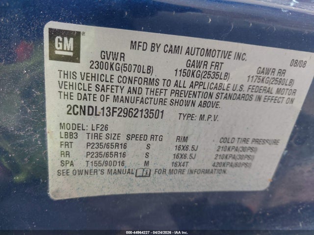 Продажа на аукционе авто 2009 Chevrolet Equinox Ls, vin: 2CNDL13F296213501, номер лота: 44964227