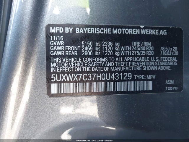 2017 Bmw X3 Xdrive35i მანქანა იყიდება აუქციონზე, vin: 5UXWX7C37H0U43129, აუქციონის ნომერი: 44964231