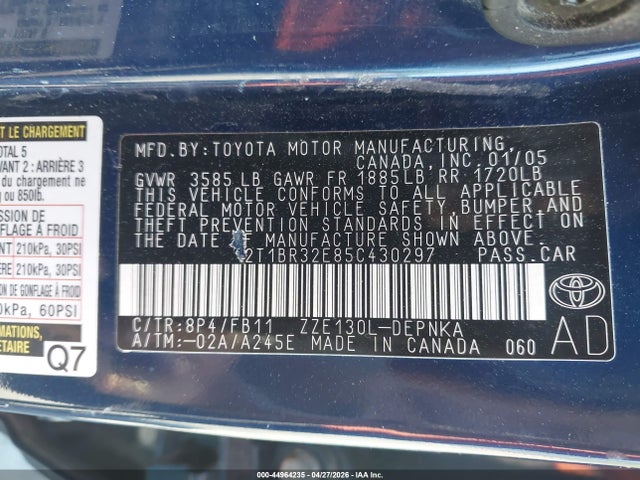 Aukcja sprzedaży 2005 Toyota Corolla Le, vin: 2T1BR32E85C430297, numer aukcji: 44964235