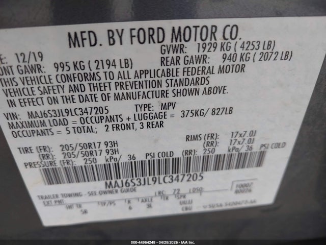 Aukcja sprzedaży 2020 Ford Ecosport Ses, vin: MAJ6S3JL9LC347205, numer aukcji: 44964248