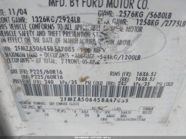 2005 Ford Freestar S მანქანა იყიდება აუქციონზე, vin: 2FMZA50645BA47085, აუქციონის ნომერი: 44964249