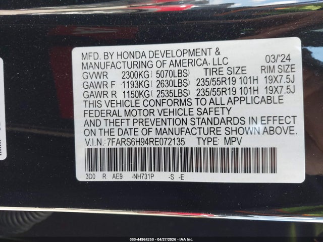 44964250 :رقم المزاد ، 7FARS6H94RE072135 vin ، 2024 Honda Cr-v Hybrid Sport Touring مزاد بيع