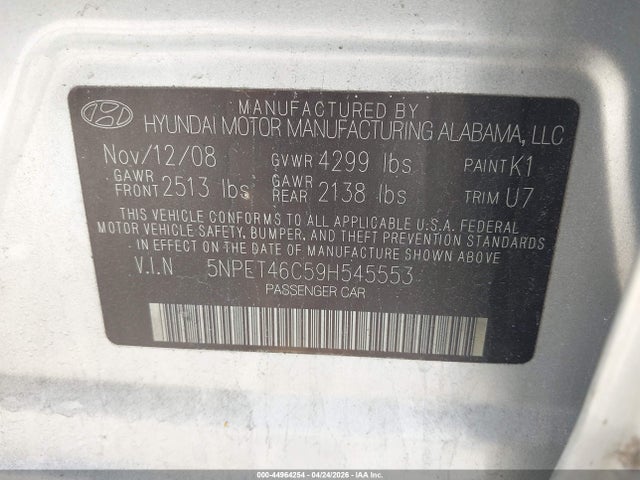 2009 Hyundai Sonata Gls მანქანა იყიდება აუქციონზე, vin: 5NPET46C59H545553, აუქციონის ნომერი: 44964254