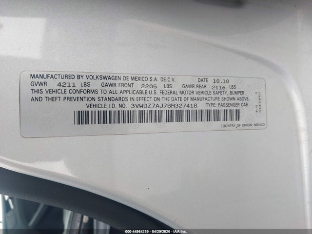 Продажа на аукционе авто 2011 Volkswagen Jetta 2.5l Se, vin: 3VWDZ7AJ7BM327418, номер лота: 44964259