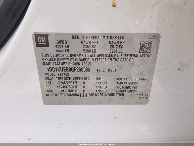 2016 Chevrolet Silverado 2500hd Wt მანქანა იყიდება აუქციონზე, vin: 1GC1KUEG8GF260035, აუქციონის ნომერი: 44964260