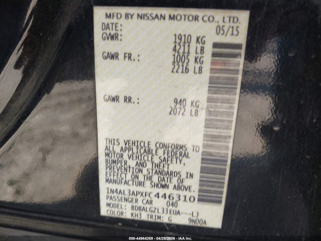 Aukcja sprzedaży 2015 Nissan Altima 2.5 S, vin: 1N4AL3APXFC446310, numer aukcji: 44964269