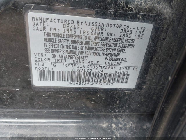 2015 Nissan Sentra S მანქანა იყიდება აუქციონზე, vin: 3N1AB7AP6FY247477, აუქციონის ნომერი: 44964272