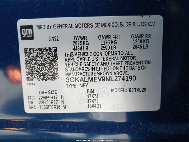 44964289 :رقم المزاد ، 3GKALMEV9NL274190 vin ، 2022 Gmc Terrain Fwd Sle مزاد بيع