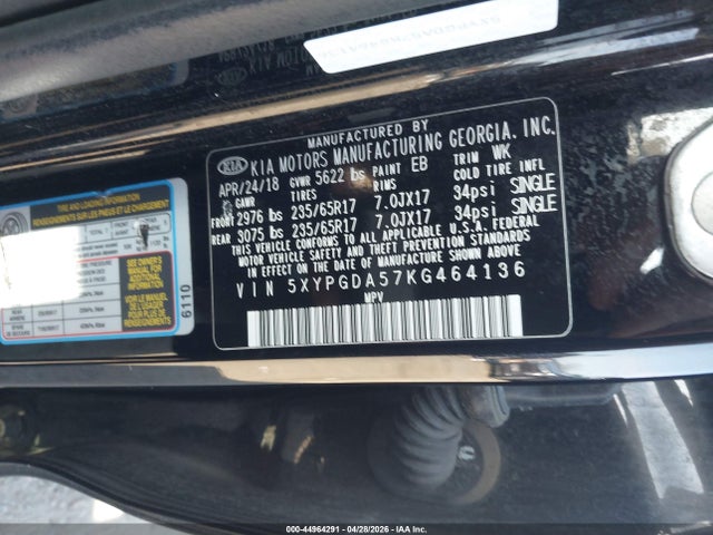 5XYPGDA57KG464136 KIA Sorento 3.3l Lx