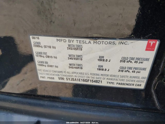Продаж на аукціоні авто 2016 Tesla Model S 60/70/75/85, vin: 5YJSA1E16GF154821, номер лоту: 44964294