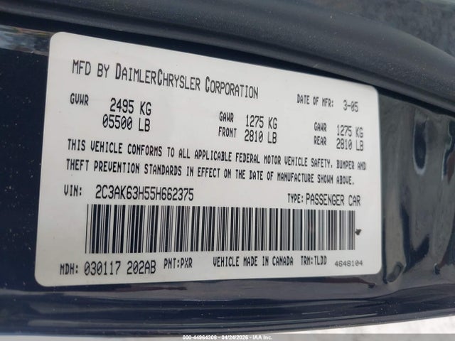 Продажа на аукционе авто 2005 Chrysler 300c, vin: 2C3AK63H55H662375, номер лота: 44964308