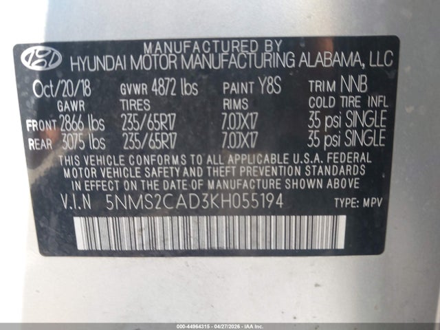 44964315 :رقم المزاد ، 5NMS2CAD3KH055194 vin ، 2019 Hyundai Santa Fe Se مزاد بيع