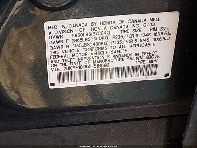 2004 Honda Pilot Lx მანქანა იყიდება აუქციონზე, vin: 2HKYF18164H518692, აუქციონის ნომერი: 44964319