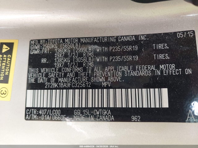 Aukcja sprzedaży 2015 Lexus Rx 350, vin: 2T2BK1BA9FC325612, numer aukcji: 44964326