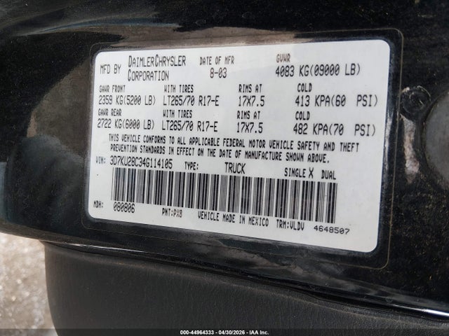 Aukcja sprzedaży 2004 Dodge Ram 2500 Slt/laramie, vin: 3D7KU28C34G114105, numer aukcji: 44964333