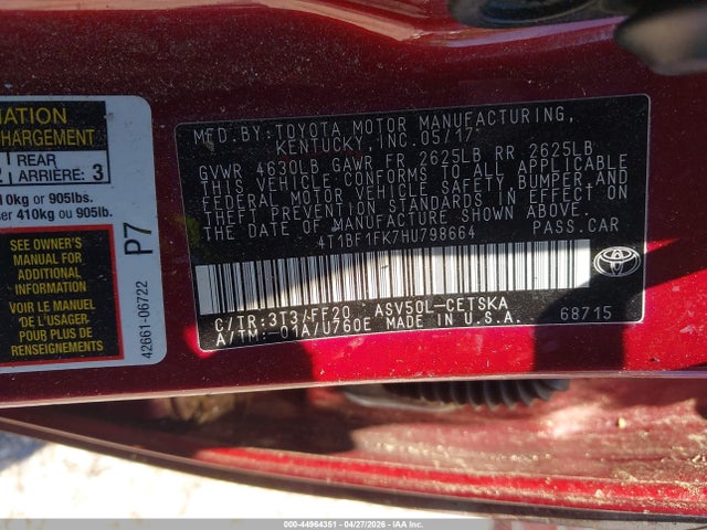 Auction sale of the 2017 Toyota Camry Se, vin: 4T1BF1FK7HU798664, lot number: 44964351