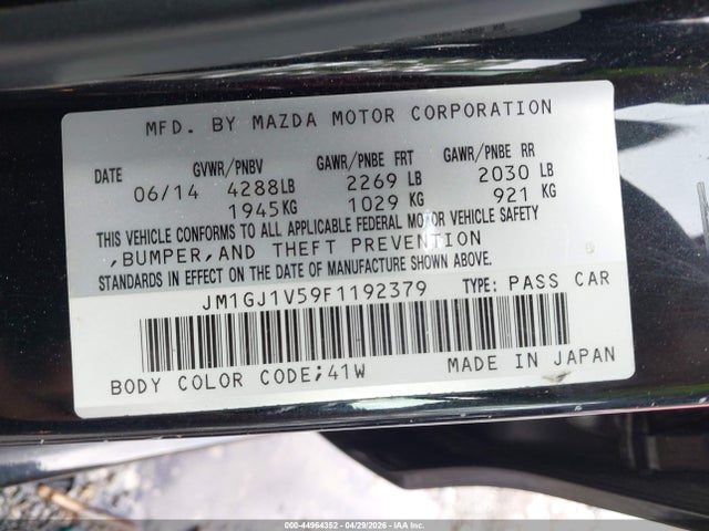 44964352 :رقم المزاد ، JM1GJ1V59F1192379 vin ، 2015 Mazda Mazda6 I Touring مزاد بيع