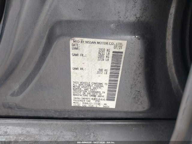 Продаж на аукціоні авто 2015 Nissan Altima 2.5 S, vin: 1N4AL3AP4FC481666, номер лоту: 44964359