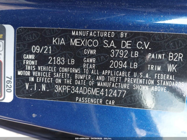 Продажа на аукционе авто 2021 Kia Forte Gt-line, vin: 3KPF34AD6ME412477, номер лота: 44964364
