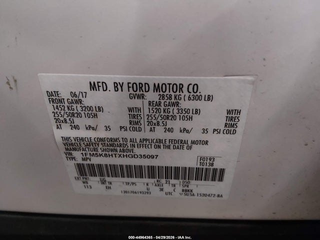Auction sale of the 2017 Ford Explorer Platinum, vin: 1FM5K8HTXHGD35097, lot number: 44964365