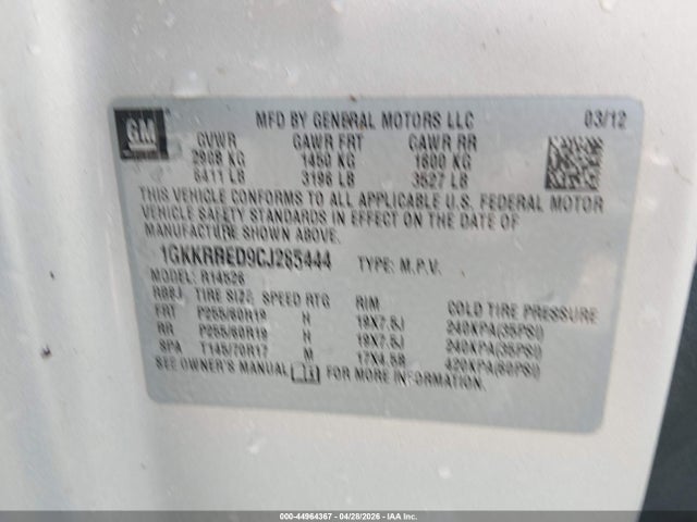 Продаж на аукціоні авто 2012 Gmc Acadia Slt-1, vin: 1GKKRRED9CJ285444, номер лоту: 44964367