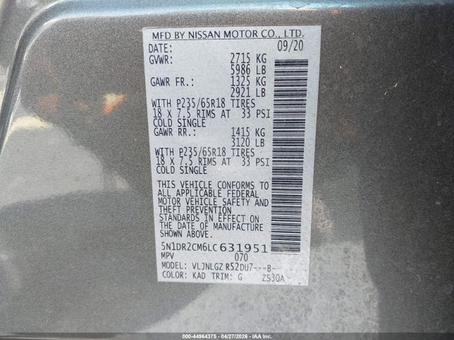 Продажа на аукционе авто 2020 Nissan Pathfinder Sl 4wd, vin: 5N1DR2CM6LC631951, номер лота: 44964375
