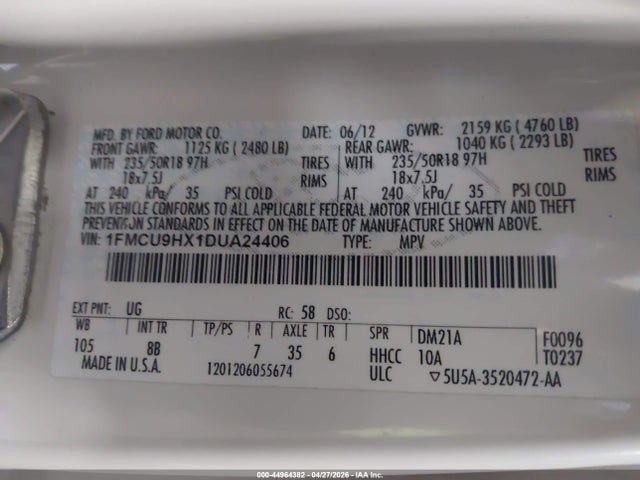 Aukcja sprzedaży 2013 Ford Escape Sel, vin: 1FMCU9HX1DUA24406, numer aukcji: 44964382