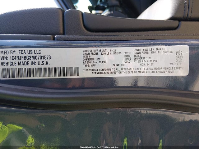 Продаж на аукціоні авто 2021 Jeep Grand Cherokee Limited 4x4, vin: 1C4RJFBG3MC701573, номер лоту: 44964391