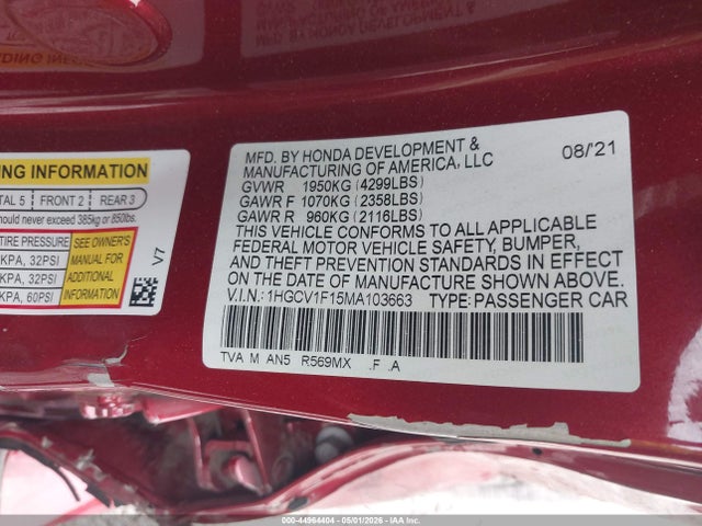 Продажа на аукционе авто 2021 Honda Accord Lx, vin: 1HGCV1F15MA103663, номер лота: 44964404