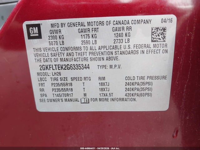 Продажа на аукционе авто 2016 Gmc Terrain Sle-2, vin: 2GKFLTEK2G6335344, номер лота: 44964431