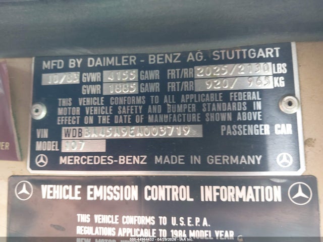 1984 Mercedes-benz 380 Sl მანქანა იყიდება აუქციონზე, vin: WDBBA45A9EA003719, აუქციონის ნომერი: 44964432