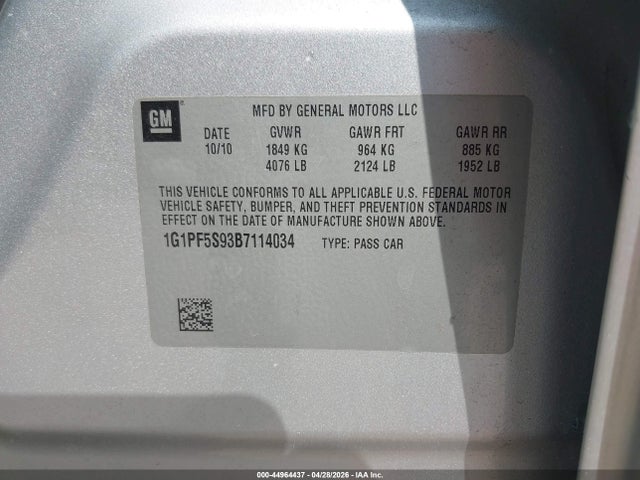 2011 Chevrolet Cruze 1lt მანქანა იყიდება აუქციონზე, vin: 1G1PF5S93B7114034, აუქციონის ნომერი: 44964437