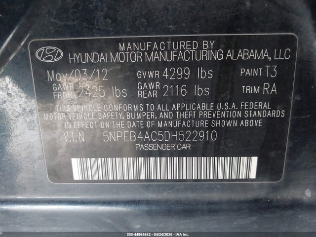 Продаж на аукціоні авто 2013 Hyundai Sonata Gls, vin: 5NPEB4AC5DH522910, номер лоту: 44964442