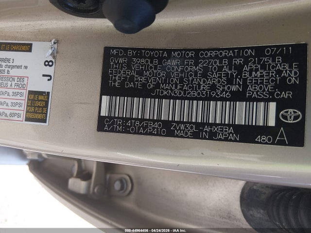 Aukcja sprzedaży 2011 Toyota Prius Two, vin: JTDKN3DU2B0319346, numer aukcji: 44964456
